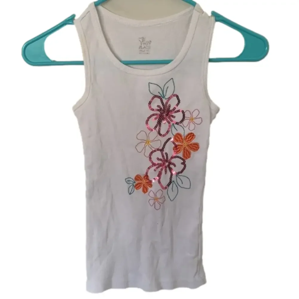 Girls White Flower Sequin Sleeveless Tank Top